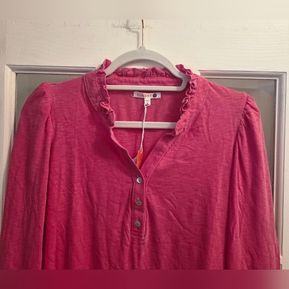 Sundry By "Anthropologie" Fuchsia Puff Long Sleeve Ruffle Henley Top - Picture 4 of 7